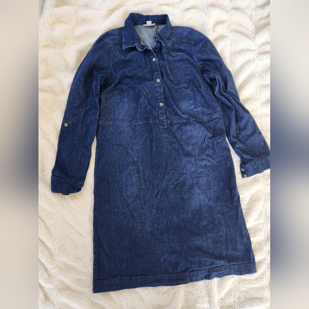 J. Jill denim Size Small Long Sleeve Half Button Dress Collared Roll Tab…